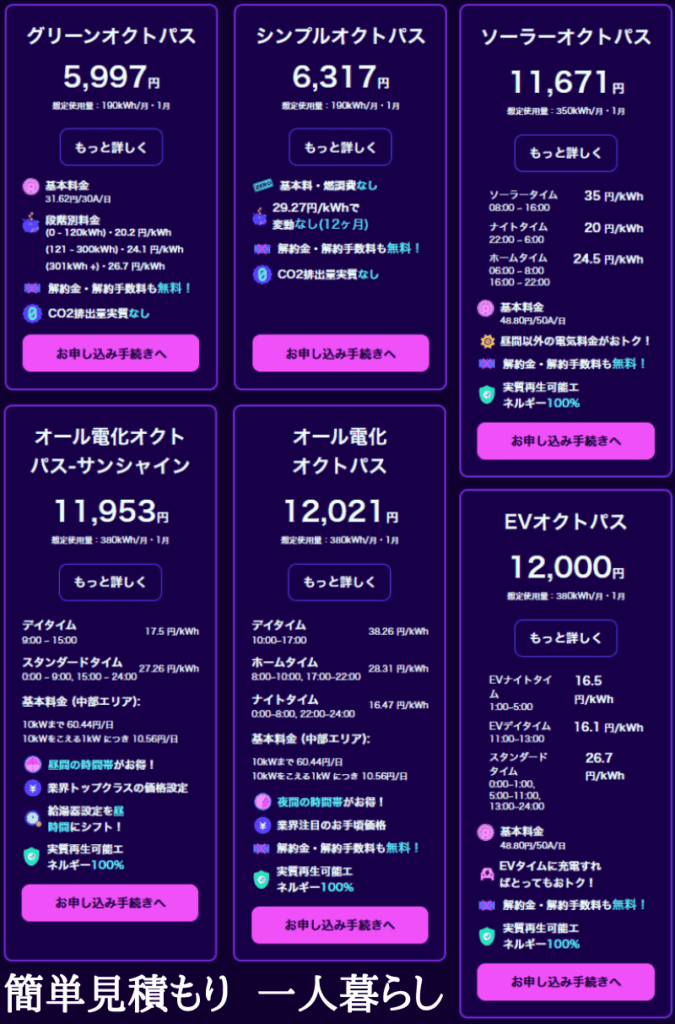 オクトパスエナジー プラン一覧画面